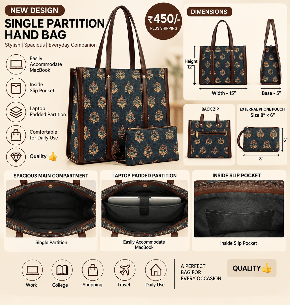Laptop Bag for Women | Padded Laptop Compartment, Spacious Tote Bag with Phone Pouch & Back Zip - Amoha Decor