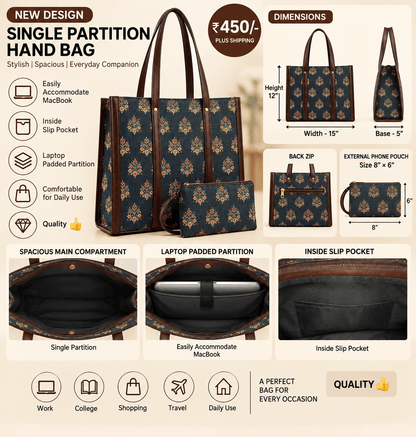 Laptop Bag for Women | Padded Laptop Compartment, Spacious Tote Bag with Phone Pouch & Back Zip - Amoha Decor