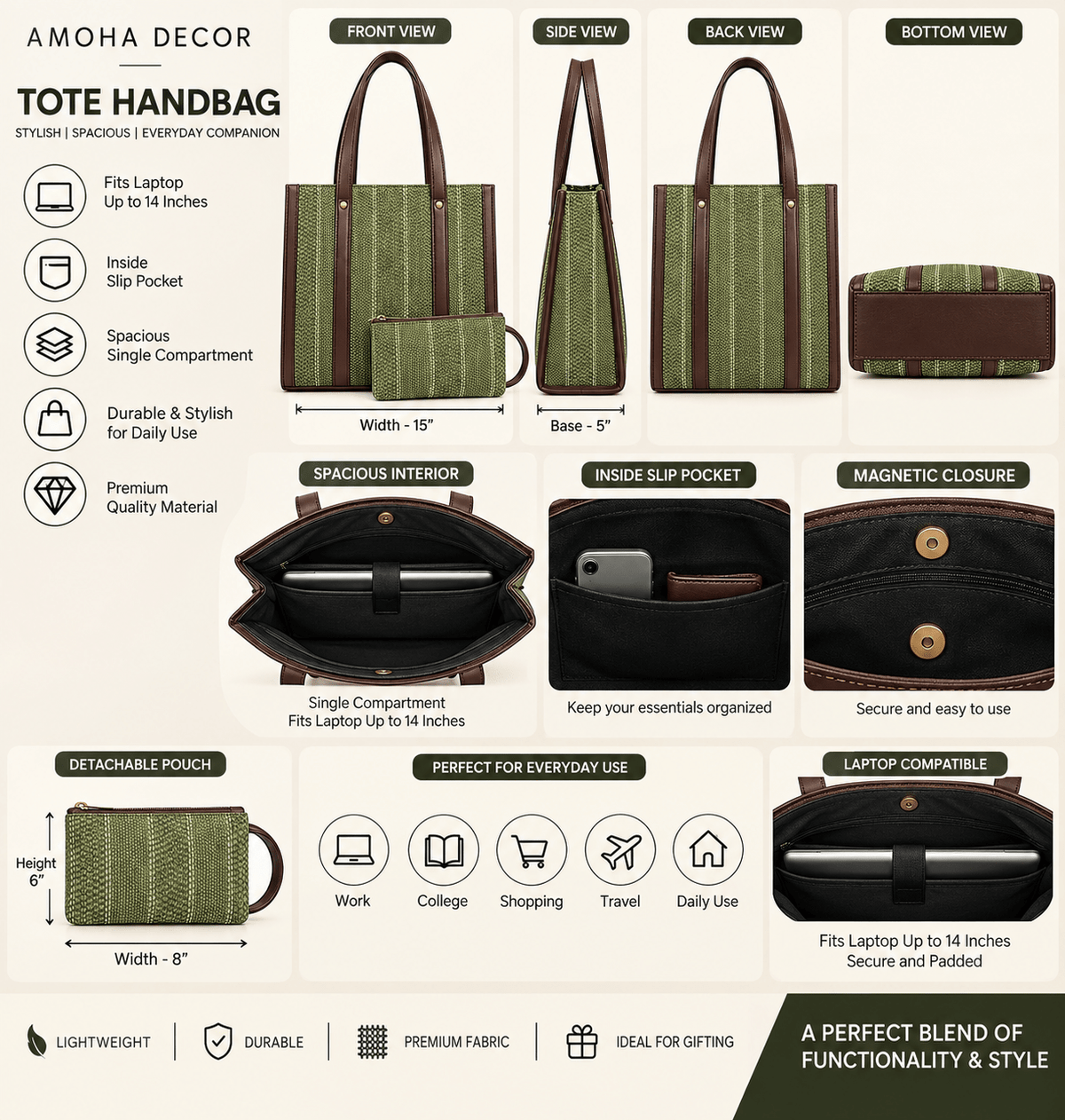 Laptop Handbag with Padded Laptop Compartment, External Phone Pouch & Back Zip - Amoha Decor