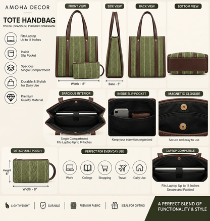Laptop Handbag with Padded Laptop Compartment, External Phone Pouch & Back Zip - Amoha Decor