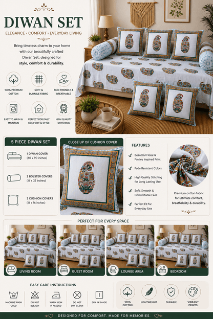 Multicolour Floral Cotton Diwan Set – 8-Piece Living Room Set - Amoha Decor