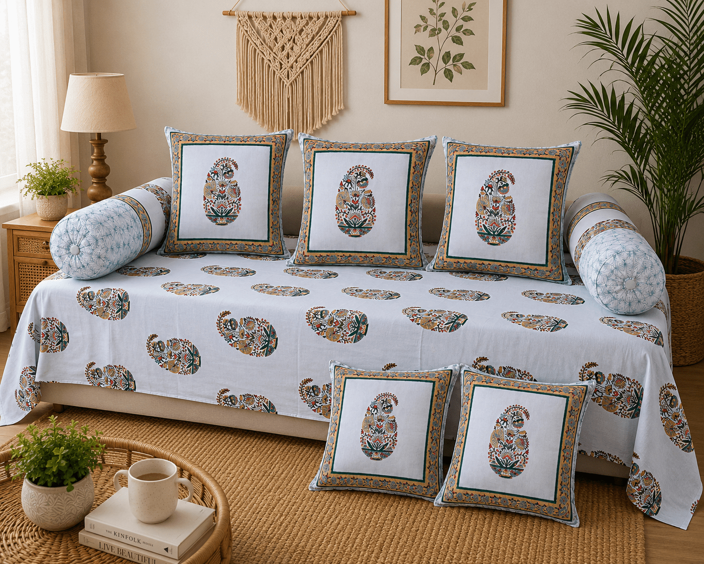 Multicolour Floral Cotton Diwan Set – 8-Piece Living Room Set - Amoha Decor