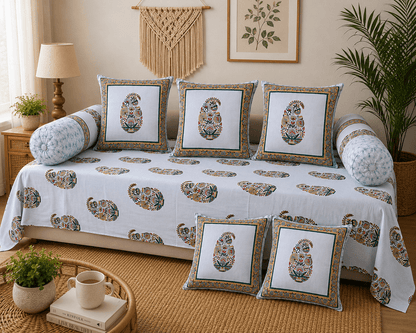 Multicolour Floral Cotton Diwan Set – 8-Piece Living Room Set - Amoha Decor