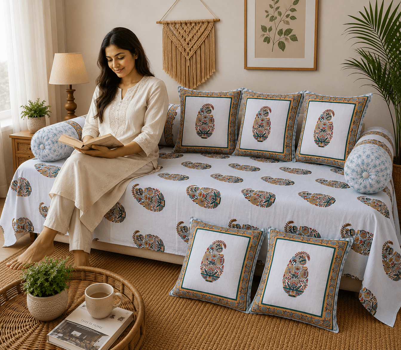 Multicolour Floral Cotton Diwan Set – 8-Piece Living Room Set - Amoha Decor