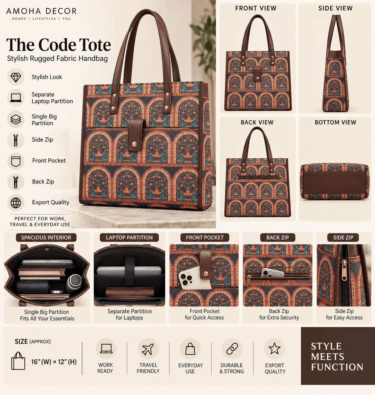 Stylish Laptop Tote Bag for Women with Separate Laptop Compartment & Multiple Pockets - Amoha Decor