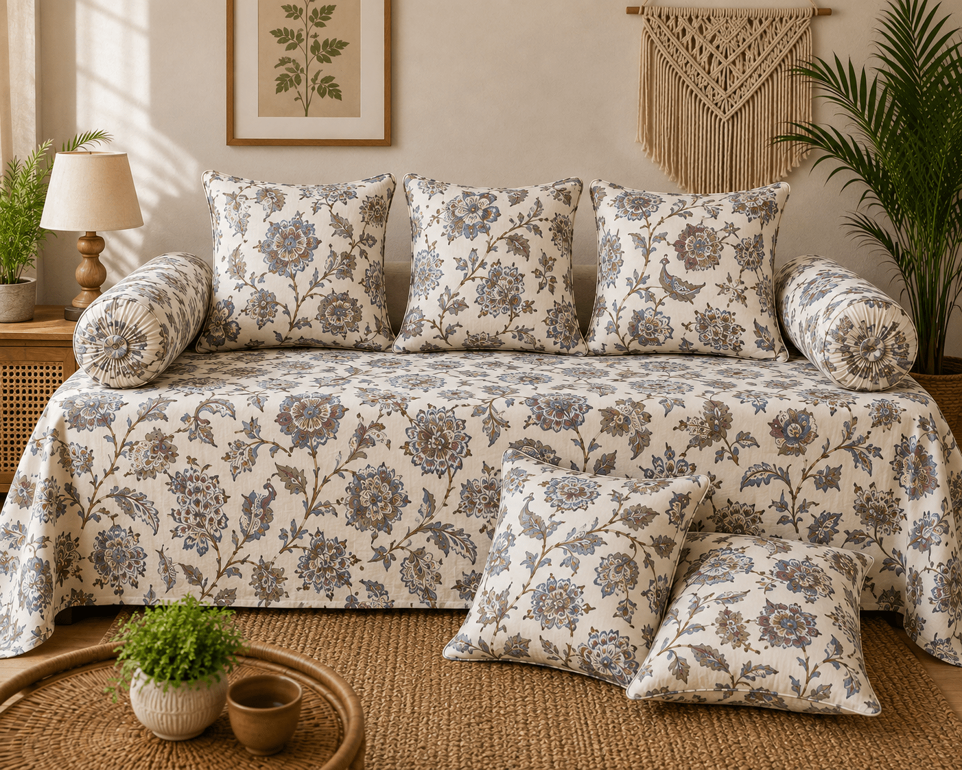Traditional Floral Cotton Diwan Set – 8-Piece Living Room Set - Amoha Decor