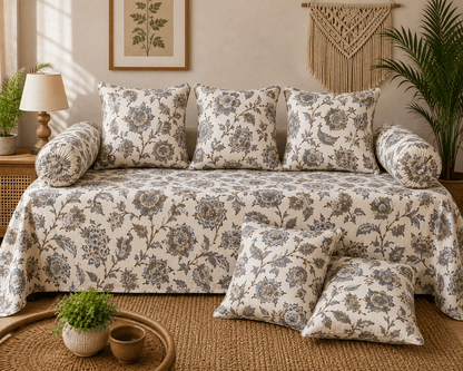 Traditional Floral Cotton Diwan Set – 8-Piece Living Room Set - Amoha Decor