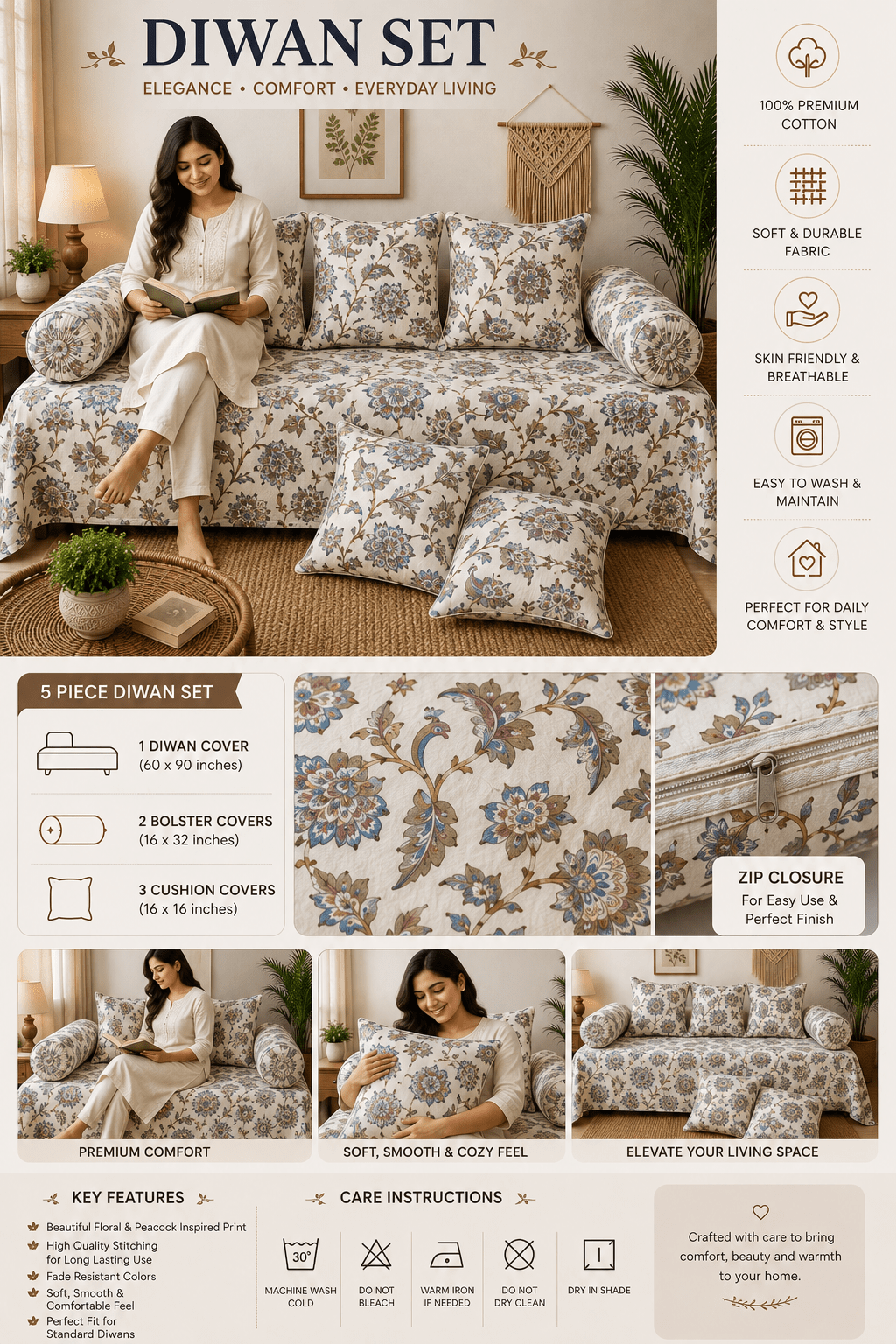 Traditional Floral Cotton Diwan Set – 8-Piece Living Room Set - Amoha Decor