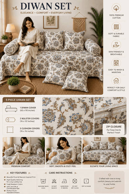 Traditional Floral Cotton Diwan Set – 8-Piece Living Room Set - Amoha Decor
