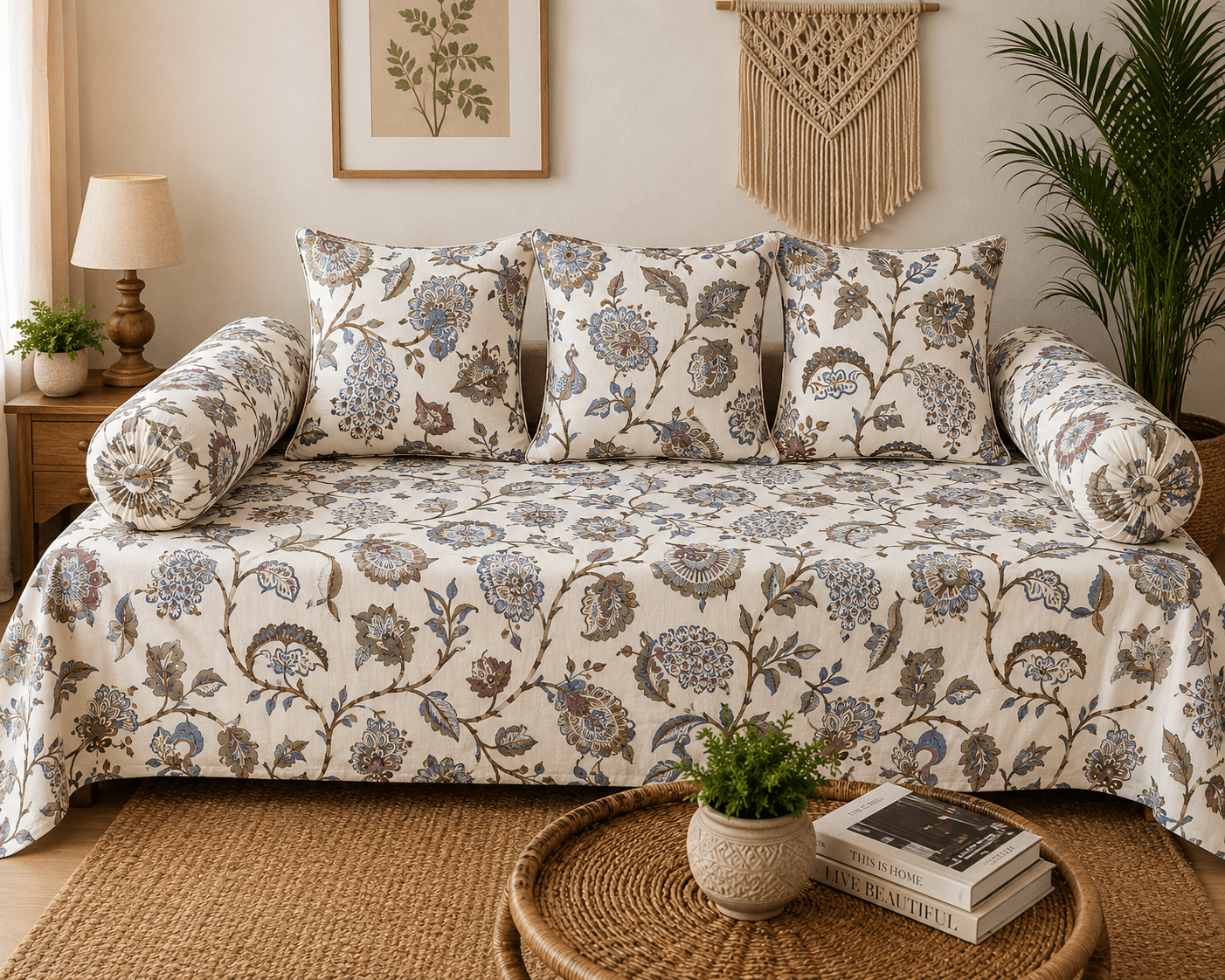 Traditional Floral Cotton Diwan Set – 8-Piece Living Room Set - Amoha Decor