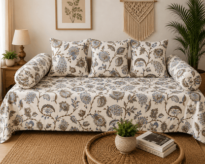 Traditional Floral Cotton Diwan Set – 8-Piece Living Room Set - Amoha Decor