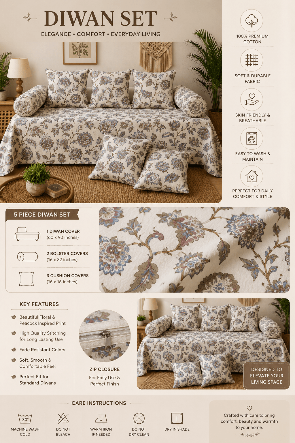 Traditional Floral Cotton Diwan Set – 8-Piece Living Room Set - Amoha Decor