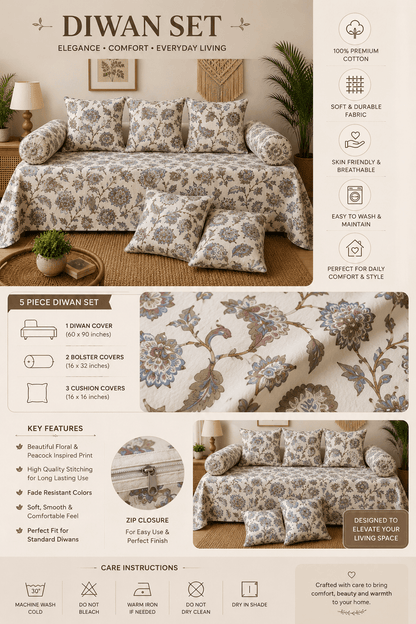 Traditional Floral Cotton Diwan Set – 8-Piece Living Room Set - Amoha Decor