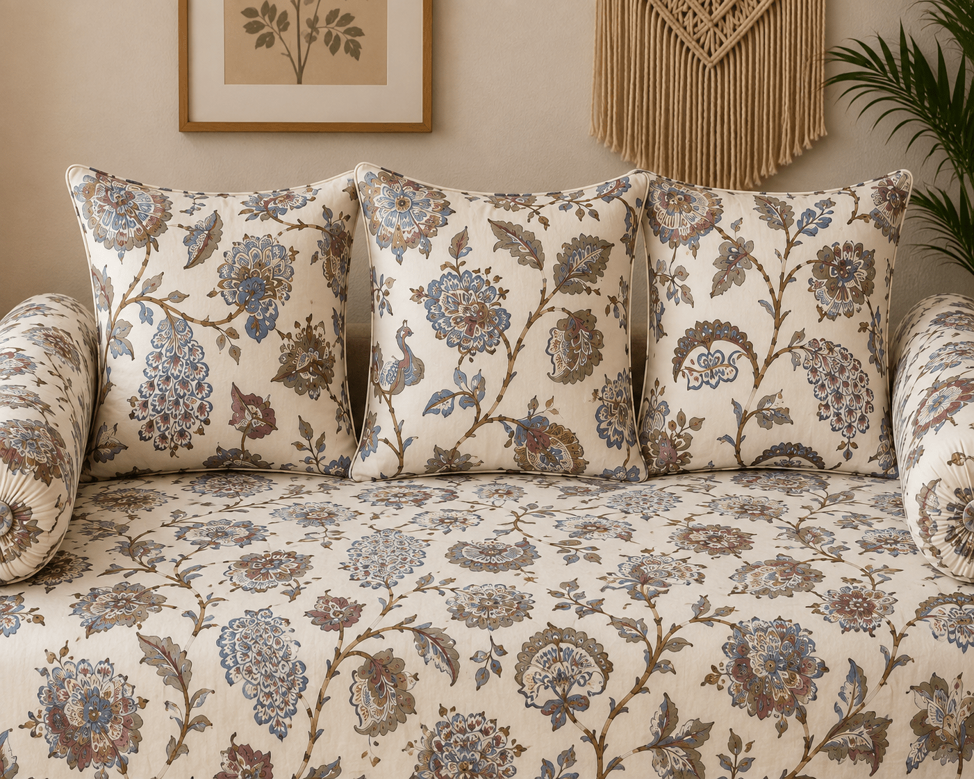 Traditional Floral Cotton Diwan Set – 8-Piece Living Room Set - Amoha Decor