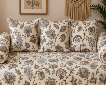 Traditional Floral Cotton Diwan Set – 8-Piece Living Room Set - Amoha Decor
