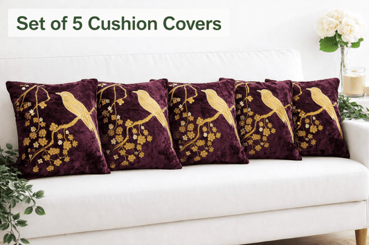 Velvet Bird Design Cushion Covers Set of 5 for Sofa & Living Room | Amoha Decor - Amoha Decor