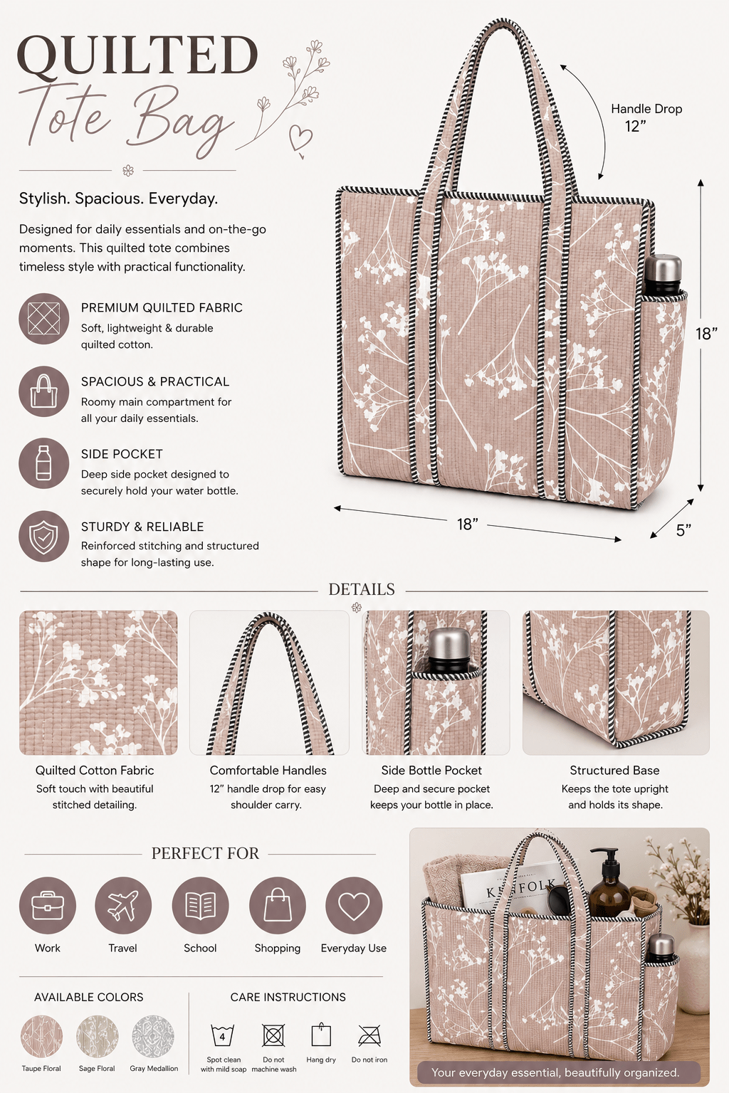 Women's Botanical Quilted Tote Bag – Soft Cotton Shoulder Handbag - Amoha Decor