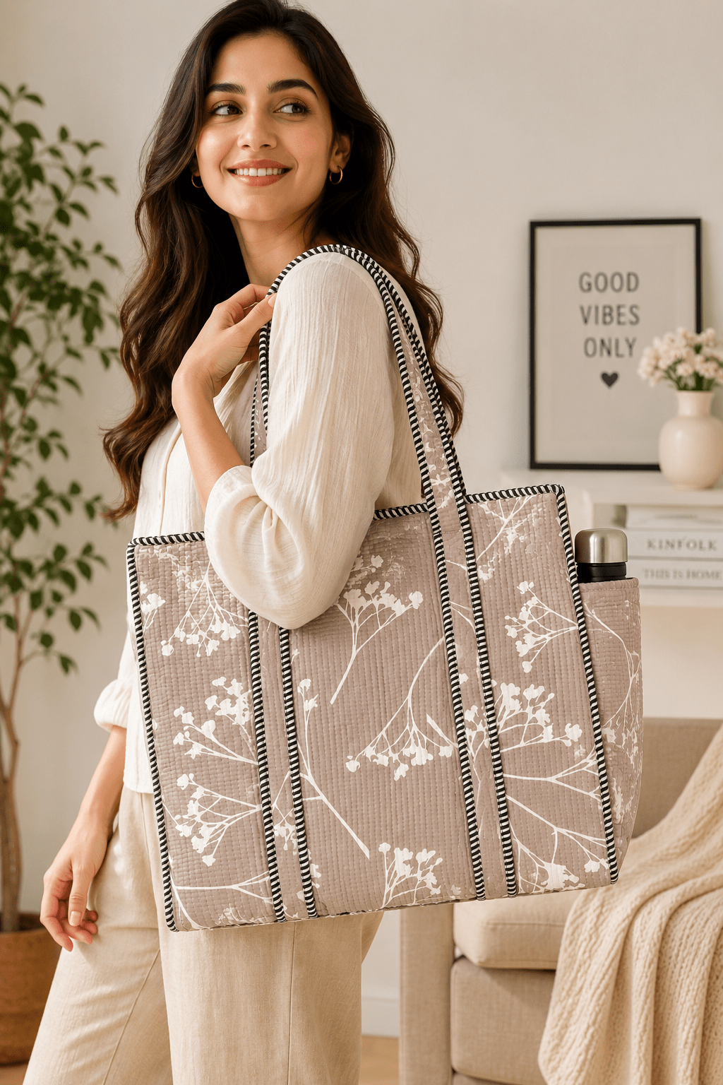 Women's Botanical Quilted Tote Bag – Soft Cotton Shoulder Handbag - Amoha Decor