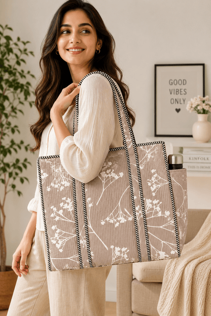 Women's Botanical Quilted Tote Bag – Soft Cotton Shoulder Handbag - Amoha Decor