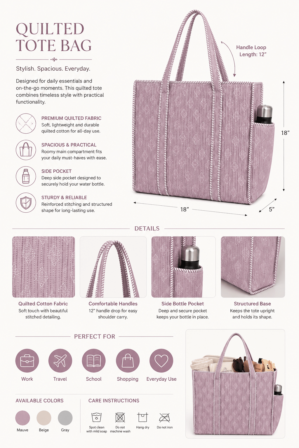 Women's Floral Quilted Handbag – Soft Cotton Shoulder Tote for Everyday Use - Amoha Decor