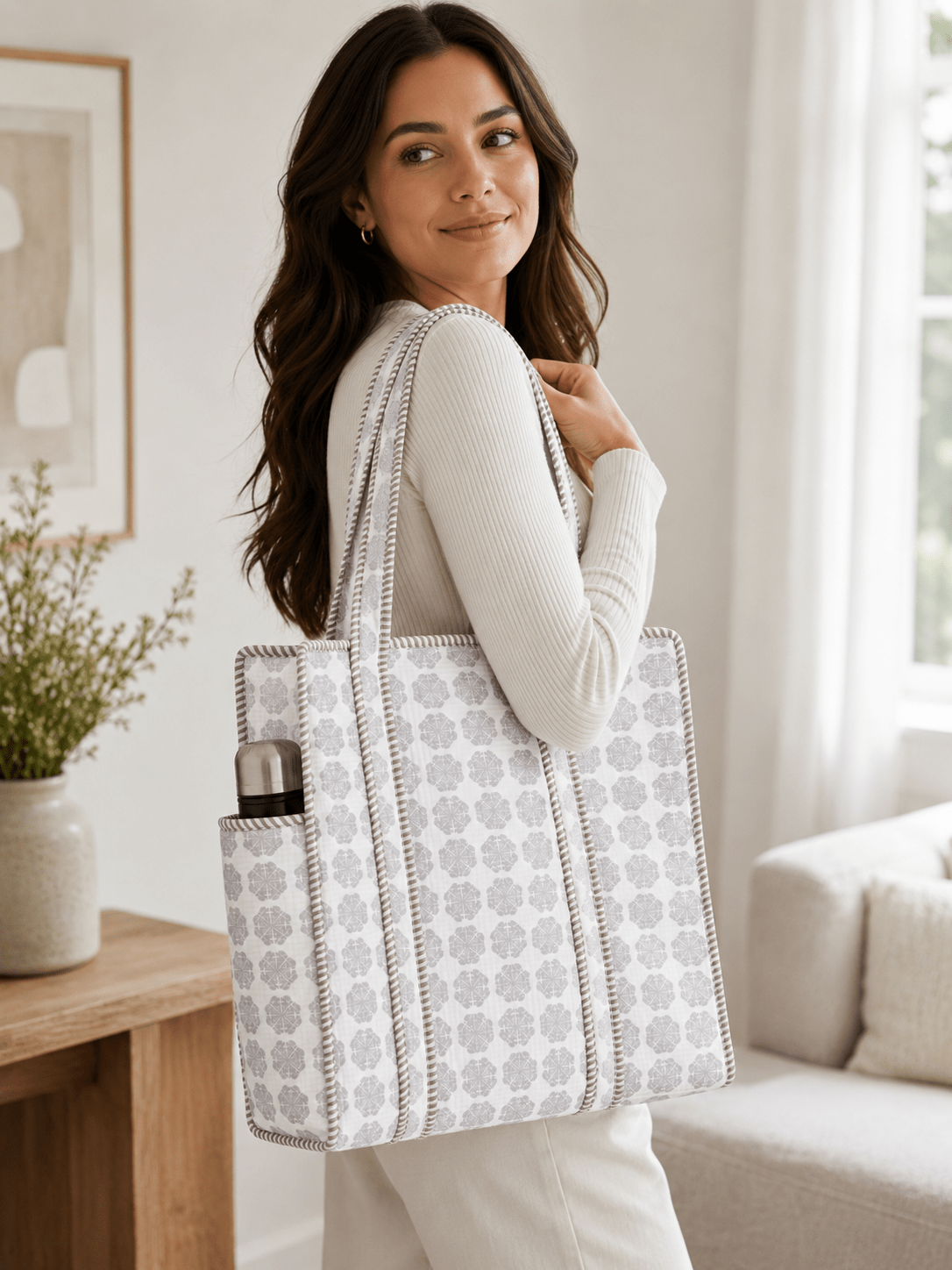 Women's Geometric Quilted Tote Bag – Lightweight Cotton Shoulder Handbag - Amoha Decor