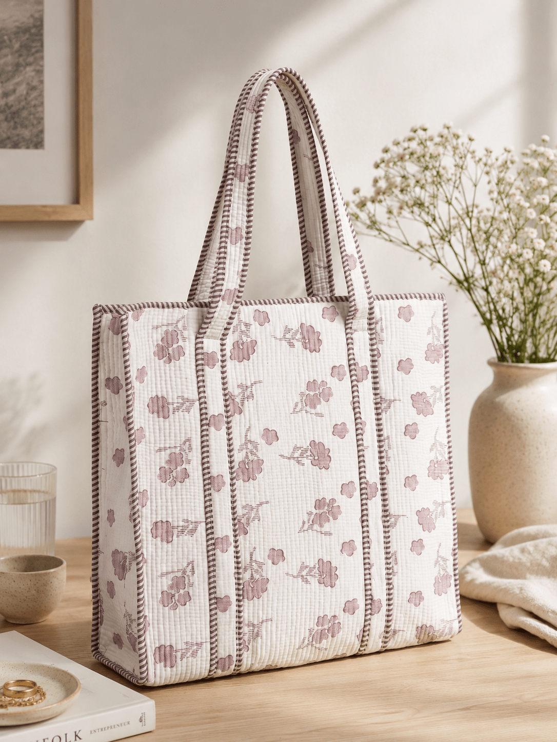 Women's Quilted Floral Tote Bag – Lightweight Cotton Shoulder Handbag for Everyday Use - Amoha Decor