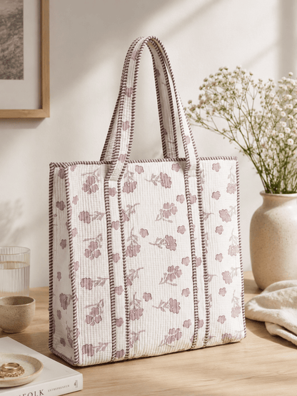 Women's Quilted Floral Tote Bag – Lightweight Cotton Shoulder Handbag for Everyday Use - Amoha Decor