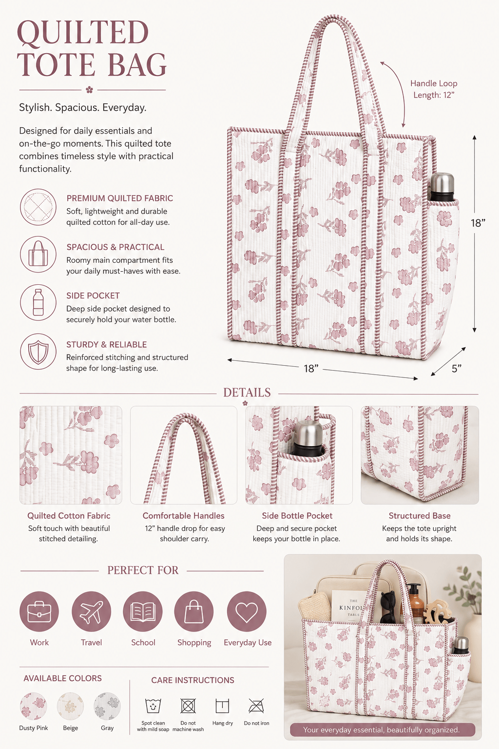 Women's Quilted Floral Tote Bag – Lightweight Cotton Shoulder Handbag for Everyday Use - Amoha Decor