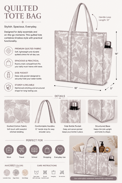 Women's Tropical Floral Quilted Tote Bag – Lightweight Cotton Shoulder Handbag - Amoha Decor